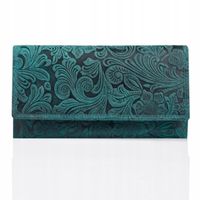Portfel damski skórzany PAOLO PERUZZI vintage, zielony w wzory kwiatowe