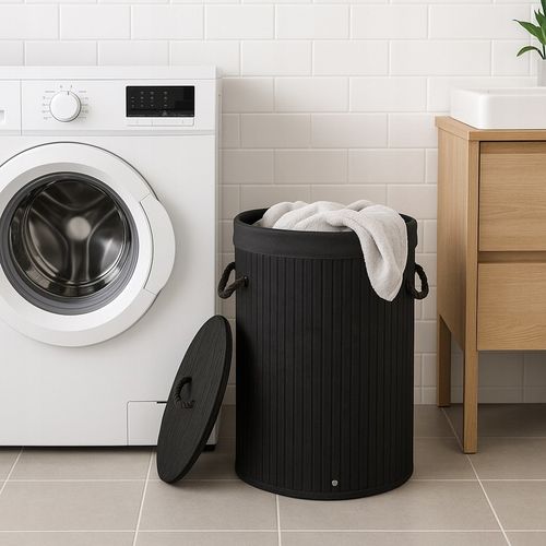 OKRĄGŁY KOSZ NA PRANIE BIELIZNĘ BAMBUSOWY ZAMYKANY SKŁADANY POJEMNY OVAL BL na Arena.pl