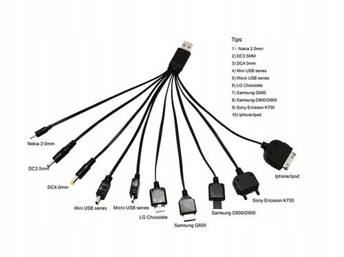 Kabel Ładowarka USB, MP3, GPS, Telefony 10w1 na Arena.pl