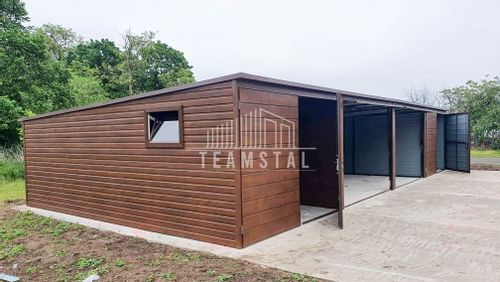 GARAŻ BLASZANY 12m x 5m poziom - spad tył 4x Brama - ciemny orzech TS224 12x5 na Arena.pl