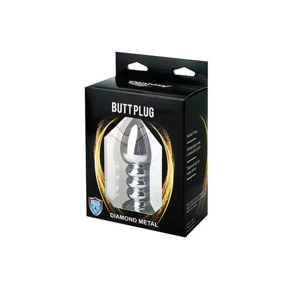 Silver Large Ribbed Butt Plug With Black Crystal zdjęcie 3