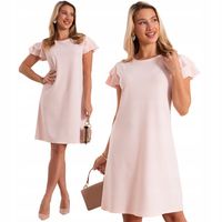 GISELLE Elegancka Klasyczna Wizytowa SUKIENKA Midi Rękawy Falbanki Puder