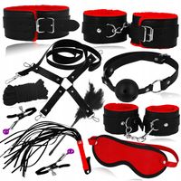 Zestaw BDSM 12 Elementów Kajdanki Pejcz Knebel Obroża Piórko Lina Uprząż
