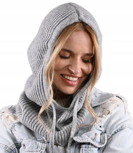 Czapka damska szara KAPTUR modny balaclava Kominiarka komin miekka zimowa na Arena.pl