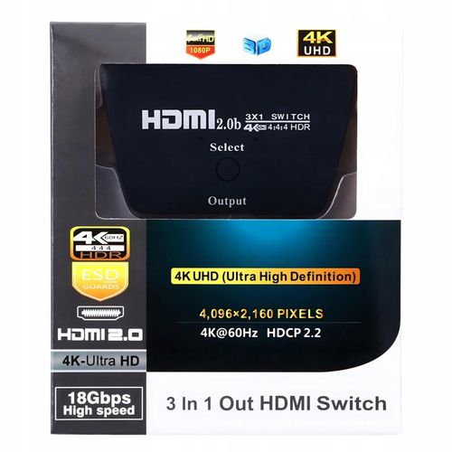 PRZEŁĄCZNIK HDMI 2.0b 3x1 SWITCH ROZDZIELACZ 3 WEJŚCIA 4K 60Hz HDR na Arena.pl