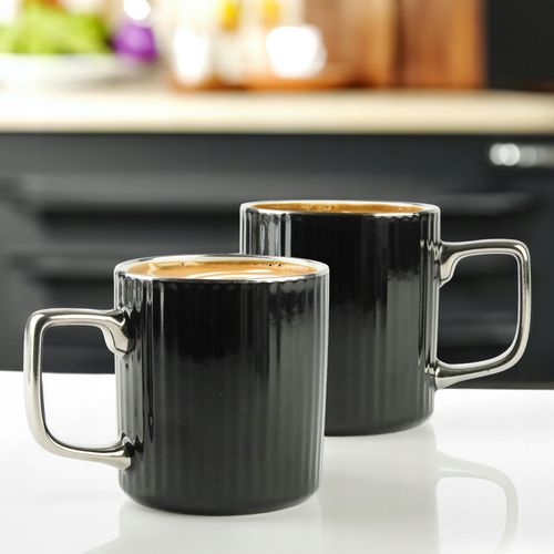 PORCELANOWY KUBEK NA KAWĘ HERBATĘ CZARNY ZDOBIONY ZE SREBRNYM UCHEM 370ML na Arena.pl