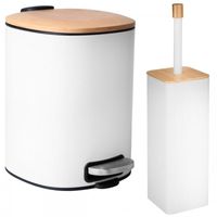 Zestaw Łazienkowy Biały Mat z Bambusem: Szczotka WC i Kosz 5L