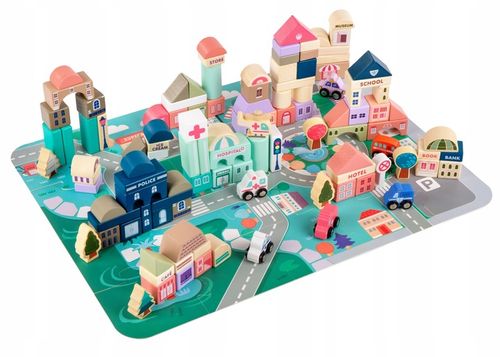 DREWNIANE KLOCKI ZESTAW DROGA MIASTO 115 ELEMENTÓW MATA POJAZDY AKCESORIA na Arena.pl