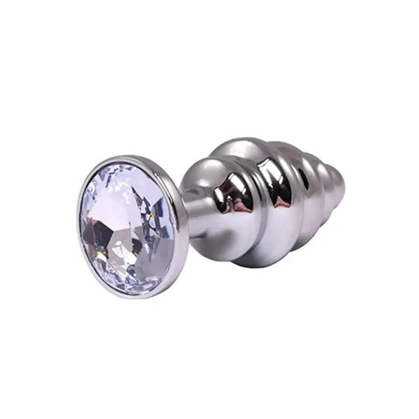 Silver Medium Ribbed Butt Plug With White Crystal zdjęcie 1