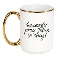 KUBEK "GWIAZDY PRZY TOBIE TO CHUJ!" Wzór - Duży Biało-Złoty 450 ml