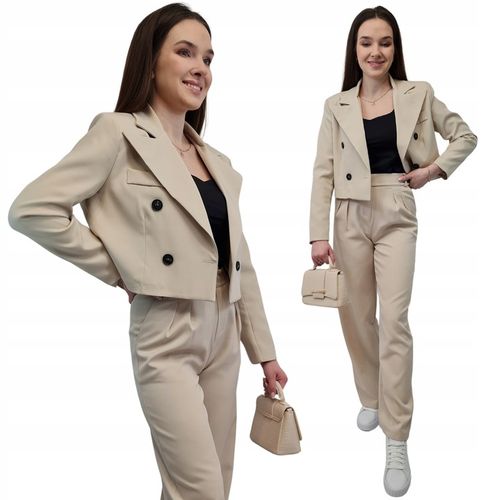 Modna MARYNARKA KRÓTKA Beżowa, Nowoczesny Żakiet Damski do Garnituru, r. L na Arena.pl