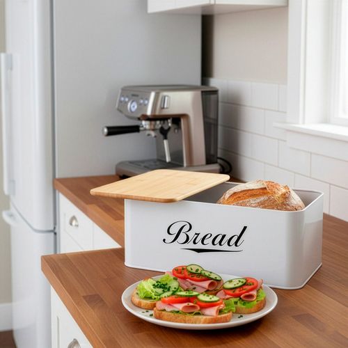 Chlebak metalowy, zamykany z bambusową deską, pojemnik na pieczywo, biały na Arena.pl