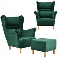 Fotel uszak Zoja z podnóżkiem skandynawski Family Meble pufką zielony