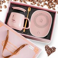 ZESTAW PREZENTOWY PODGRZEWACZ DO KAWY HERBATY KUBEK ŁYŻECZKA elegancki etui