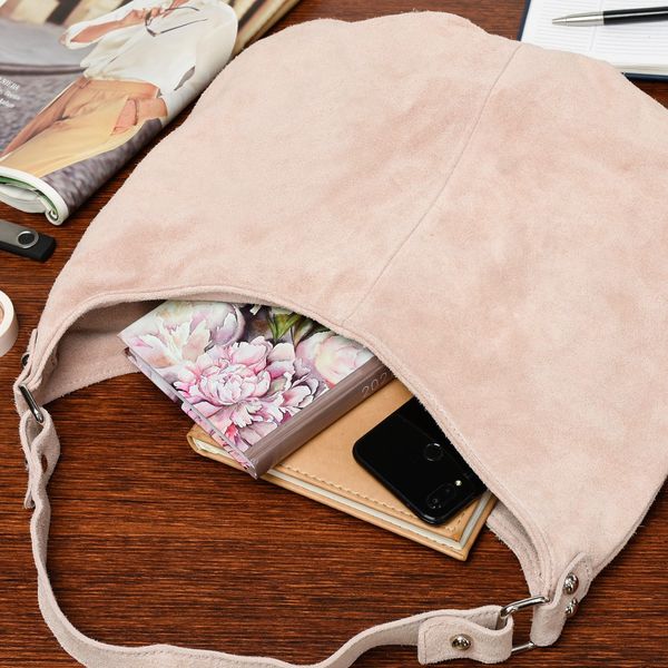 Pudrowa Zamszowa Torebka Damska A4 Skórzana Worek K50 zdjęcie 3