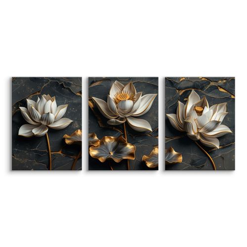 Obrazy Do Salonu Set Abstrakcyjne Białe Kwiaty Lotosu Glamour 90cm x 40cm na Arena.pl