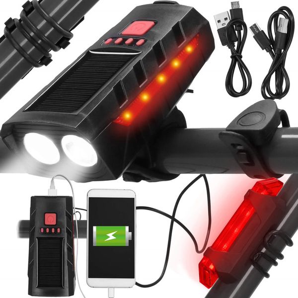 Zestaw lampek rowerowych na przód i tył 2 szt. ładowane solarnie i na USB zdjęcie 1