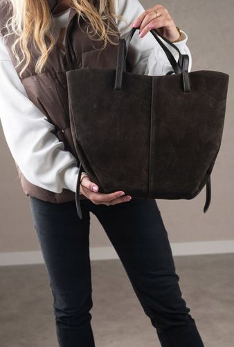 Czekoladowa zamszowa torebka brązowa shopper XL ZAMSZ NATURALNY łódka na Arena.pl
