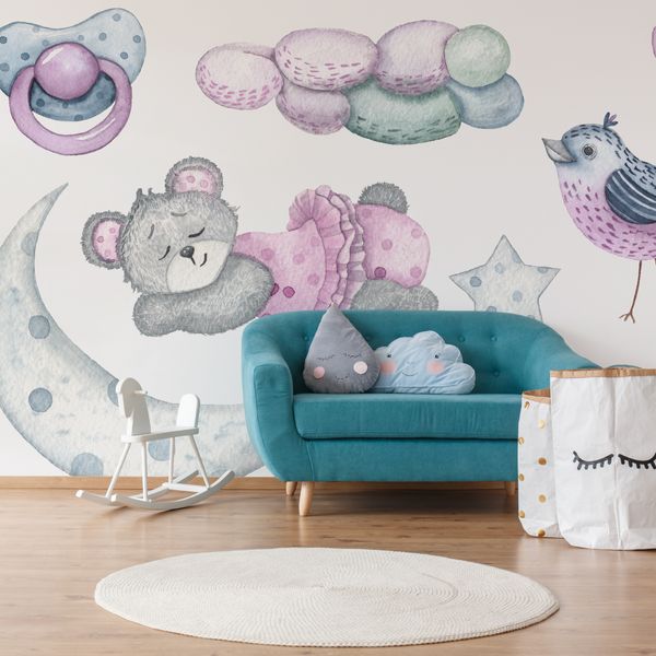 Fototapeta Akwarelowy MIŚ Ptaszek Chmurki 270cm x 180cm zdjęcie 2