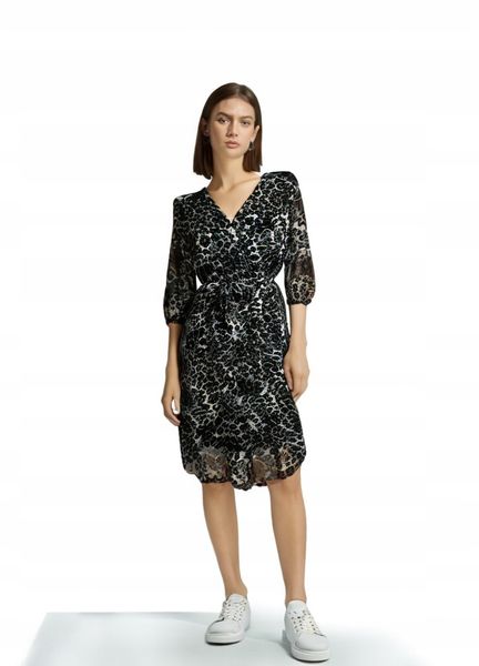 Modna Midi Sukienka Za Kolano W Panterkę z Paskiem Brąz 38 M Długi Rękaw zdjęcie 1