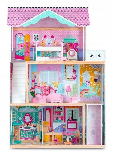 XXL DUŻY DREWNIANY RÓŻOWY DOMEK DLA LALEK MEBLE WINDA AKCESORIA LED na Arena.pl