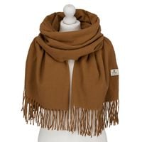 duży, jasnobrązowy szal damski ozdobiony frędzlami - peterson