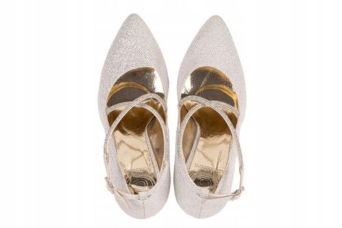 Ślubne Czółenka brokatowe z ozdobnymi paseczkami na krzyż srebrne BUTDAM 39 na Arena.pl