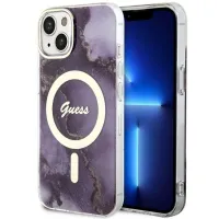 Etui Guess Golden Marble MagSafe na iPhone 14 - purpurowe