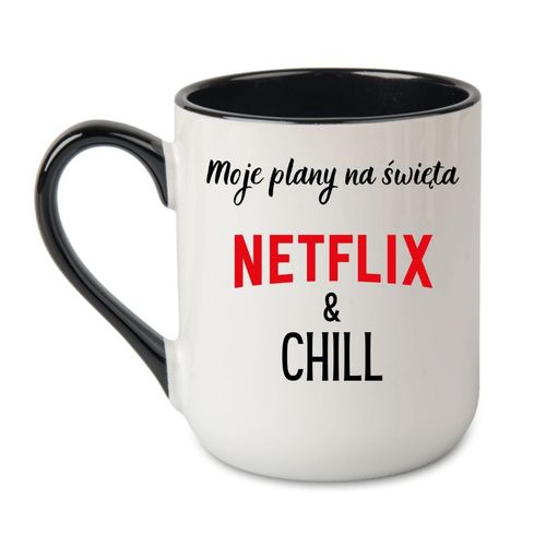 KUBEK "MOJE PLANY NA ŚWIĘTA? NETFLIX & CHILL" Wzór - Elegant Coffee Czarny 330 ml na Arena.pl
