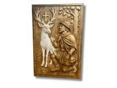 Obraz drewniany legenda Św. Hubert z białym jeleniem prezent myśliwy 50cm