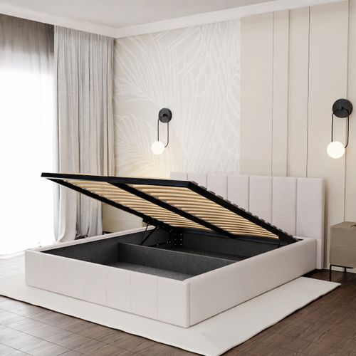 ŁÓŻKO TAPICEROWANE DO SYPIALNI 140x200 ŁÓŻKO PREMIUM Z POJEMNIKIEM KREMOWE na Arena.pl