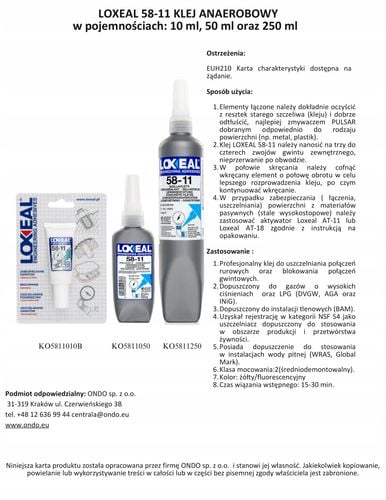 KLEJ DO GWINTÓW USZCZELNIACZ LOXEAL 58-11 WYSOKA LEPKOŚĆ DO GAZÓW 250 ml na Arena.pl