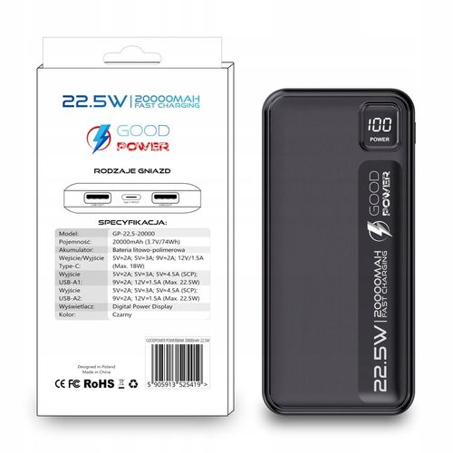 POWERBANK 20000mAh 22,5W DUŻA POJEMNOŚĆ + KABEL USB-C 60W GOODPOWER na Arena.pl