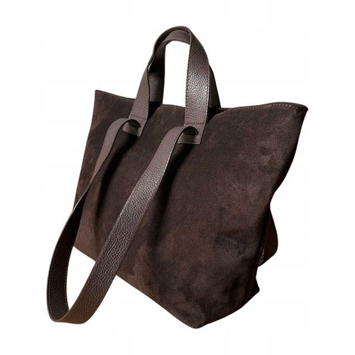 Czekoladowa zamszowa torebka A4 shopper ZAMSZ + SKÓRA NATURALNA Vera na Arena.pl