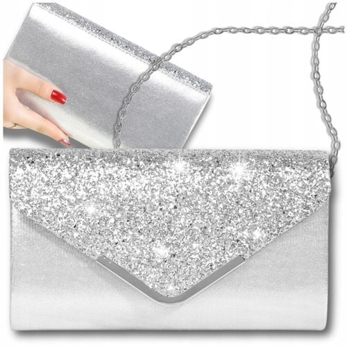 Srebrna Torebka Kopertówka Błyszcząca Wizytowa Damska portfel łańcuszek na Arena.pl