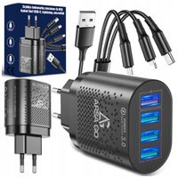 SZYBKA ŁADOWARKA DO TELEFONU KOSTKA 4X USB SZYBKIE ŁADOWANIE I KABEL 3W1