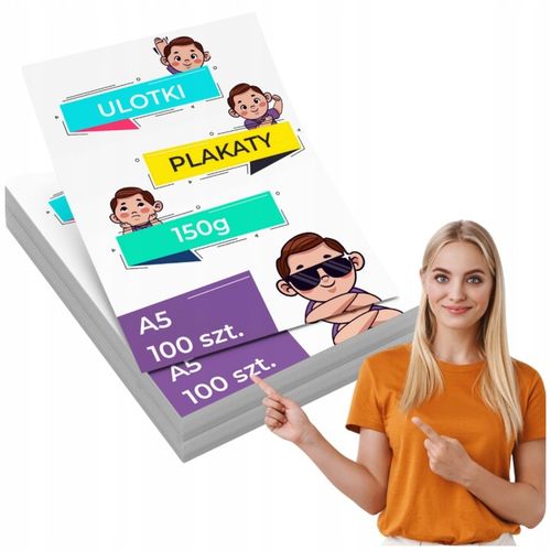 ULOTKI A5 DWUSTRONNE 150g FULL KOLOR 100sztuk TWÓJ WZÓR na Arena.pl