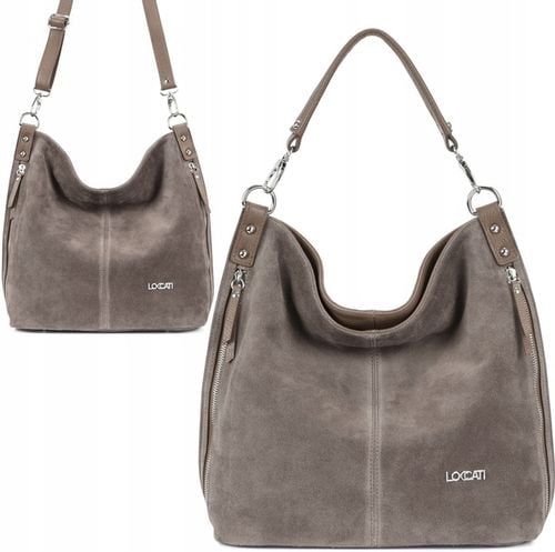 Modne torebki z zamszu naturalnego taupe duże a4 markowe LOCCATI skórzane na Arena.pl