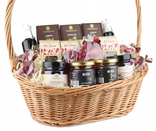 KOSZ PREZENTOWY DUŻY WIKLINOWY ZESTAW HERBAT SŁODYCZE SYROPY NA URODZINY na Arena.pl