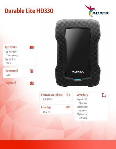 Adata Durable Lite HD330 4TB 2.5'' USB3.1 Czarny na Arena.pl