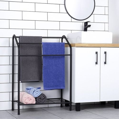 Stojak na Ręczniki Wieszak Łazienkowy Podłogowy Stojący Czarny + Półka na Arena.pl