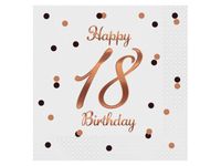 Serwetki, B&C Happy 18 Birthday białe nadruk różowo-złoty 33cmx33cm20 szt