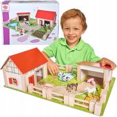 DUŻA DREWNIANA FARMA ZAGRODA + FIGURKI ZWIERZĄT KONIE ŚWINKI STAJNIA 25 EL.