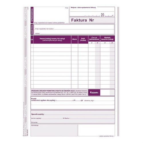 DRUK FV A5 DLA POD. ZWOLNIONCYH PODMIOTOWO Z PODATKU OD TOWARÓW I USŁ na Arena.pl