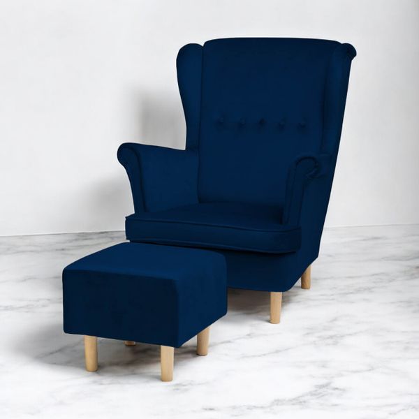 Granatowy Fotel Uszak + Podnóżek + Poduszka GRATIS