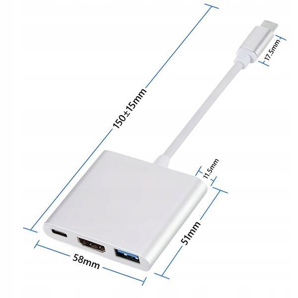 ADAPTER USB C HDMI+USB 3.0+PD 4K HUB MacBook 3w1 zdjęcie 4