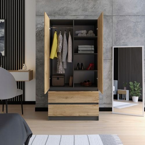 SZAFA ANTRACYT DĄB WOTAN GARDEROBA DUŻA NA UBRANIA OTWIERANA SZUFLADY na Arena.pl