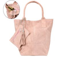 Pudrowo-różowa włoska torebka skórzana zamszowa A4 shopperka T49