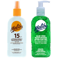 Malibu SPF15 Wodoodporny Spray 200ml + Aloe Żel Po Opalaniu 200ml