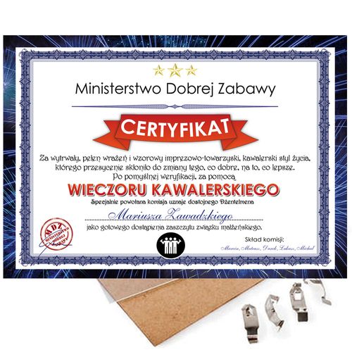 Prezent na Wieczór Kawalerski - Certyfikat, Dyplom na Kawalerskie A4 na Arena.pl